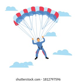 Skydiver flying with a parachute, parachuting sport and leisure activity concept vector