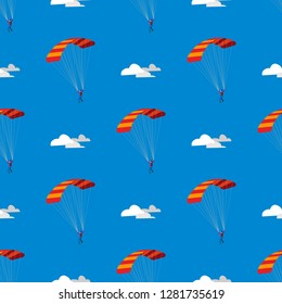 Skydiver flying with parachute. Skydiving, parachuting and extreme sport, active leisure concept. Seamless pattern