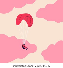 Buceador volando con paracaídas. Pequeño y lindo personaje. Ilustración colorida dibujada a mano. Elemento de diseño aislado. Parapente, paracaidismo, paracaídas, deporte extremo, concepto de actividades