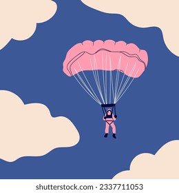 Skydiver flying with parachute. Tiny cute little character. Hand drawn colorful illustration. Isolated design element. Paragliding, skydiving, parachute jump, extreme sport, activities concept