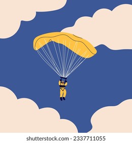 Buceador volando con paracaídas. Pequeño y lindo personaje. Ilustración colorida dibujada a mano. Elemento de diseño aislado. Parapente, paracaidismo, paracaídas, deporte extremo, concepto de actividades