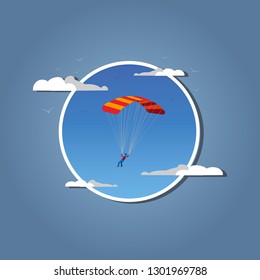 Skydiver flying with parachute. in white frame. Skydiving, parachuting and extreme sport, active leisure concept.