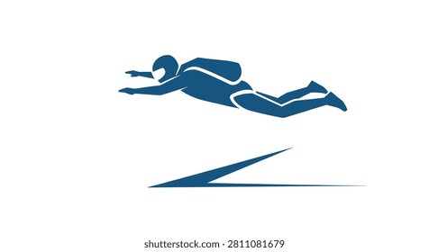 Skydiver in freefall silhouette performing extreme sports jump. A blue silhouette of a skydiver in a horizontal freefall position with a parachute pack. Minimalist design on a plain background. Ideal for extreme sports logos or travel agency websites.