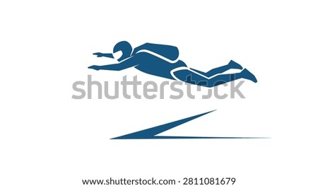 Skydiver in freefall silhouette performing extreme sports jump. A blue silhouette of a skydiver in a horizontal freefall position with a parachute pack. Minimalist design on a plain background. Ideal for extreme sports logos or travel agency websites.