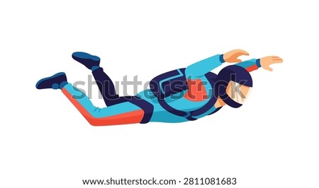 Skydiver in freefall wearing jumpsuit and helmet during skydiving. A skydiver in a vibrant blue and orange jumpsuit, dark blue helmet, and parachute backpack is shown in a horizontal freefall position. Ideal for extreme sports blogs or travel brochures.