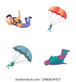 Skydiver icons set cartoon vector. Skydiver character flying with parachute. Extreme sport, hobby