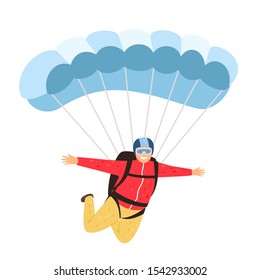 Skydiver isolated. Leisurely parachutist isolated on white background, parachuting man in sky, parachute lifestyle leisure activity and people adventure, vector illustration