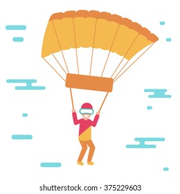 Skydiver jumping with a parachute. Vector isolated illustration. Cartoon character. Extreme sport