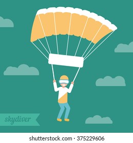 Skydiver jumping with a parachute. Vector isolated illustration. Cartoon character. Extreme sport