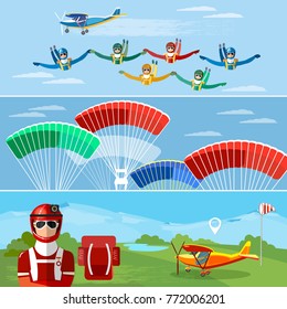 Skydiver jumps from an airplane vector. Skydiving teamwork banner extreme sport 