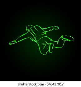 Skydiver jumps with open arms. Neon vector illustration paratrooper with a backpack on his shoulders.