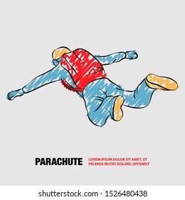 Skydiver jumps with open arms. Vector outline of paratrooper with scribble doodles.