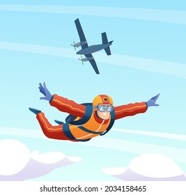 Skydiver jumps from the plane and skydiving in the sky illustration