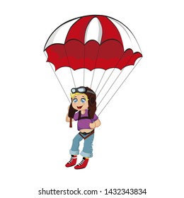 Skydiver Little Cute Boy Jumping with Parachute, Paragliding Boy in Pilot Hat and Glasses, Parachuting Sport, Extreme Isolated on White Background. Cartoon Flat Vector Illustration, Clip Art