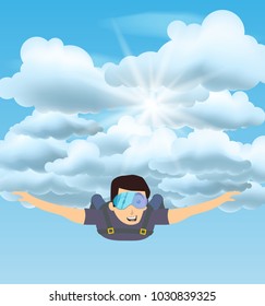 Skydiver man flying in the blue cloudy sky. Vector character illustration in flat style. Sky diving cartoon sportsman.