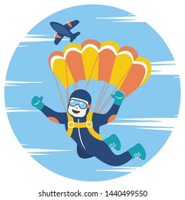 Skydiver man flying in the blue sky. Set of parachutist characters with paratrooper and plane