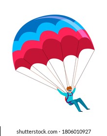 Skydiver. Man jump with parachute. Active lifestyle hobby, extreme professional parachuting sport, speed falling in sky male parachutist cartoon colorful flat character isolated on white background
