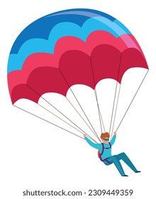 Skydiver. Man with open parachute flying in sky. Falling from airplane. Extreme dangerous sport or hobby. Professional skydiving and parachuting. Cartoon flat isolated vector illustration