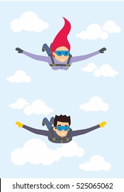 Skydiver Man And Woman Flying In The Blue Sky. Vector Characters Illustration In Flat Style