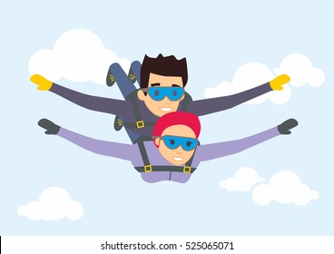 Skydiver Man And Woman Flying In The Blue Sky. Vector Characters Illustration In Flat Style