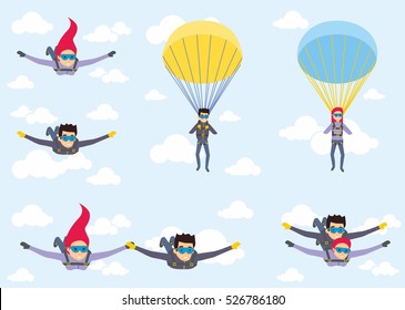 Skydiver man and woman flying in the blue sky. Set of parachutist characters with paratrooper