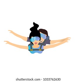 Skydiver man and woman flying. Parachutist characters. Tandem skydiving. Vector illustration isolated on white background