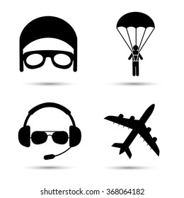 Skydiver on parachute, pilot, airplane silhouette. Black icons of aviator cap, parachutist and jet. Aviation profession. Vector illustration. Isolated on white