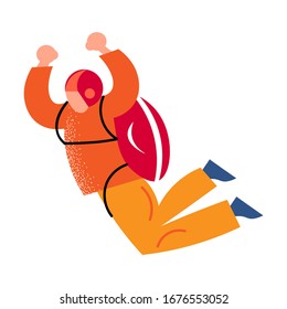 Skydiver in the orange clothes with red helmet flying with the parachute backpack. Vector illustration in a flat cartoon style.