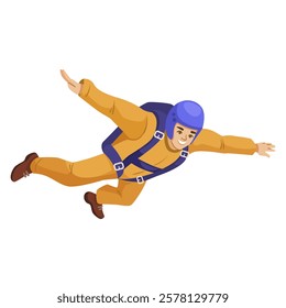 Skydiver in orange suit and blue helmet in freefall. Vector illustration