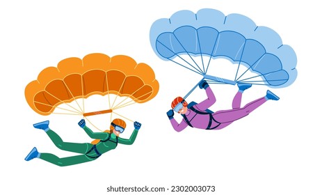 skydiver parachute vector. extreme skydiving, sky adrenaline, jump parachutist, freedom parachuting, skydive flying skydiver parachute character. people flat cartoon illustration