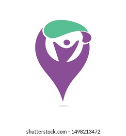 Skydiver with Parachute vector logo with gps pointer design. Parachute and gps icon logotype. Modern skydiver with parachute icon.