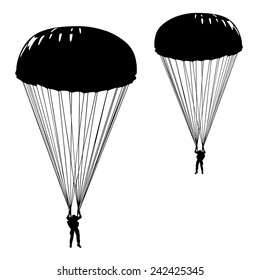 Skydiver, parachuting silhouette, soldier with parachute. Vector illustration.