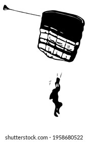 Skydiver parachutist parachuting open. Vector black and white line silhouette.