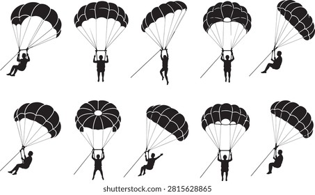 Skydiver and parachutist silhouettes vector collection extreme sport air jump paragliding shapes set sky diving flight graphics layout on white background, parachutist, skydiver, parachute, jump, flight, extreme, sport, silhouette
