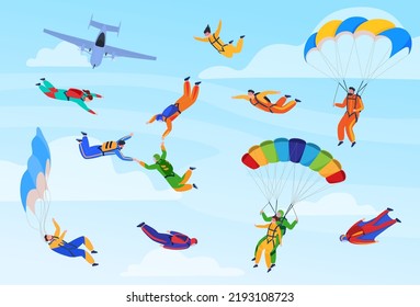 Skydiver. People jump with a parachute from an airplane. Extreme sport. Vector illustration