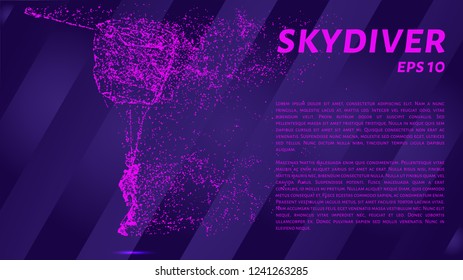 A skydiver in purple and pink tones. A parachutist from luminous points