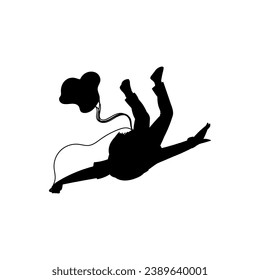 Skydiver silhouette, vector illustration isolated on white background. Black spot in the shape of a flying man who jumped out of a plane with a parachute, drawing in a simple flat style.