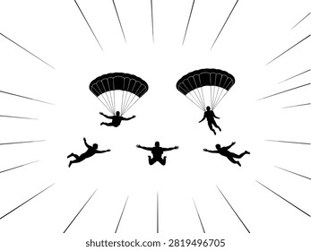 Skydiver silhouettes in midair and parachute deployment with radiating motion lines—perfect for extreme sports, aviation art, and thrill-themed design