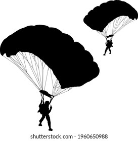 Skydiver, silhouettes parachuting on white background.