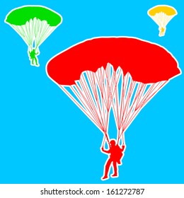 Skydiver, silhouettes parachuting vector illustration