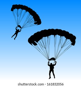 Skydiver, silhouettes parachuting vector illustration