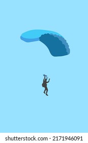 skydiver in the sky with opened blue parachute in the sky - vertical illustration