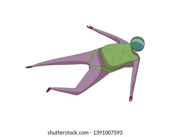Skydiver soars in a purple suit with a green backpack. Vector illustration on white background.