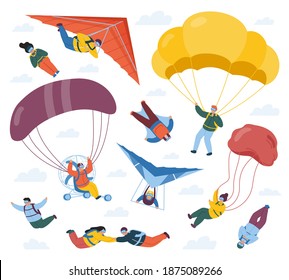 Deportistas de Skydiver. Deporte extremo paracaidista, saltos de cielo, parapente y parapente. Conjunto de ilustraciones vectoriales profesionales de paracaidistas