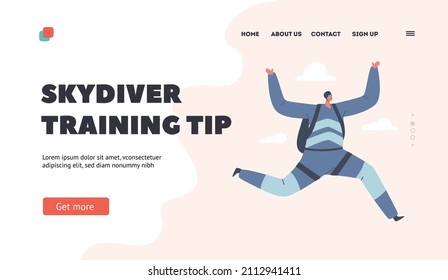 Skydiver Training Tips Landing Page Template. Skydiving, Parachuting Sport, Extreme Recreation. Character Making Jump with Parachute Enjoying Protracted Fall Flying in Sky. Cartoon Vector Illustration