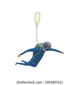 Skydiver walks down in a blue suit with a backpack. Reserve parachute is closed. Vector illustration on white background.