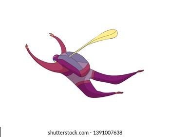Skydiver walks down in a purple suit with a backpack. Reserve parachute is closed. Vector illustration on white background.