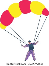 Skydiver wearing helmet and wingsuit controlling parachute after performing jump from airplane, extreme sport and leisure activity, active lifestyle concept