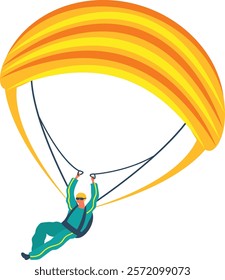 Skydiver wearing sunglasses and protective suit flying with yellow and orange parachute gliding through the air on a sunny day enjoying extreme sport activity