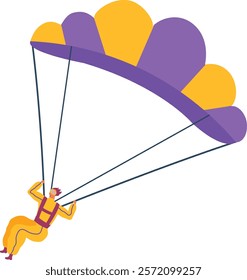 Skydiver wearing yellow jumpsuit and protective glasses flying with purple and yellow parachute gliding through the air enjoying extreme sport activity